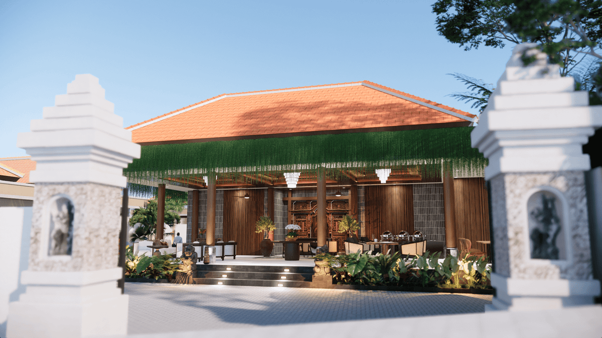 A luxurious villa entrance with traditional Balinese architecture, a large terracotta roof, and lush green hanging plants.