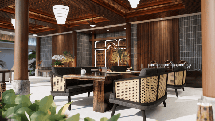 Elegant open-air dining space with rattan chairs, wooden table, ornate ceiling, and buffet warmers in a luxury villa.