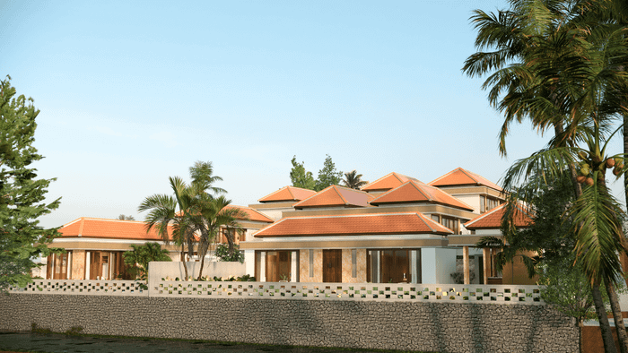A luxury private villa in Bali featuring traditional orange tiled roofs, white walls, and lush palm trees under a clear sky.