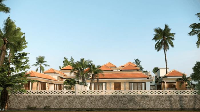 A luxury Balinese villa featuring multiple buildings with orange tile roofs, surrounded by lush tropical palms and greenery.