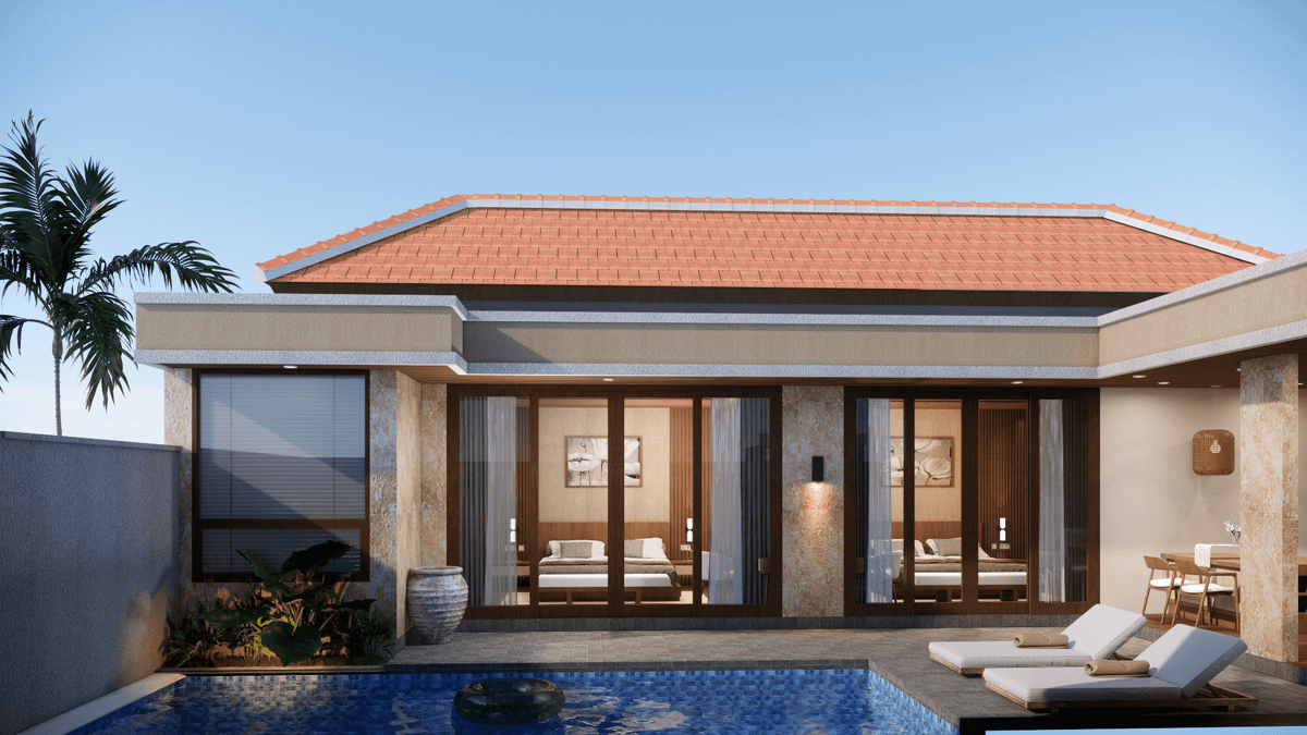 Modern two-bedroom villa exterior featuring a private pool, sun loungers, and an outdoor dining area under a tiled roof.