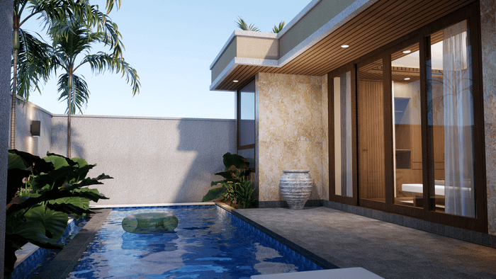 A luxury two-bedroom villa with a private plunge pool, tropical foliage, and floor-to-ceiling glass doors leading to the bedroom.