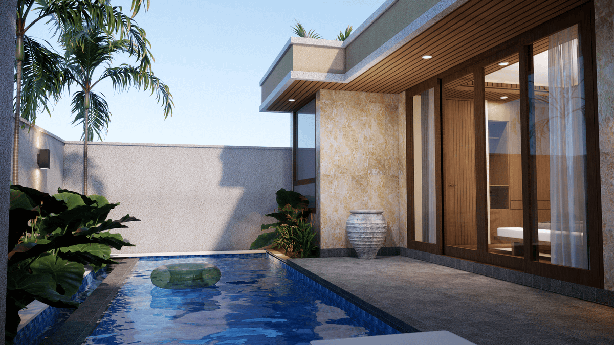 A luxury two-bedroom villa with a private plunge pool, tropical foliage, and floor-to-ceiling glass doors leading to the bedroom.
