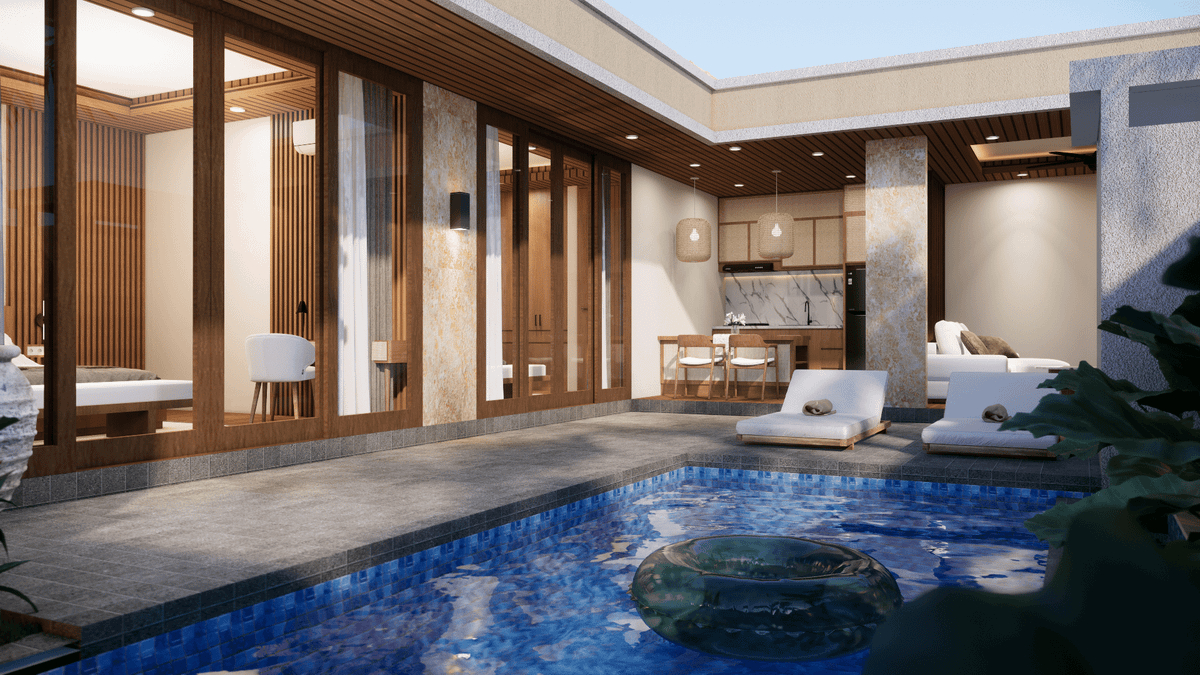 A luxurious two-bedroom villa with a private pool, outdoor living area, and open bedroom through glass doors.