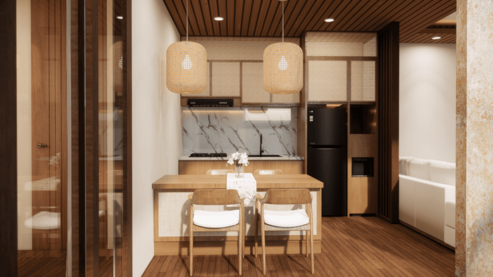 A contemporary villa kitchen and dining area with wooden accents, rattan light fixtures, marble backsplash, and a clean aesthetic.