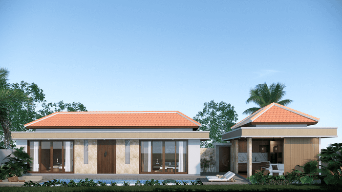 An inviting two-bedroom villa with a private pool, modern architecture, and a lush tropical garden under a clear blue sky.