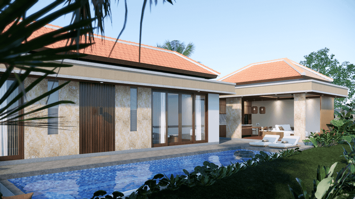 A luxurious two-bedroom villa in Ubud with a sparkling private pool and an open-air living area surrounded by lush greenery.