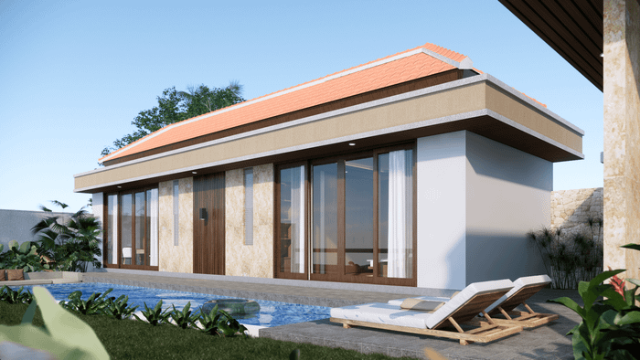Modern two-bedroom villa with a private swimming pool, sun loungers, and tropical greenery under a clear blue sky.