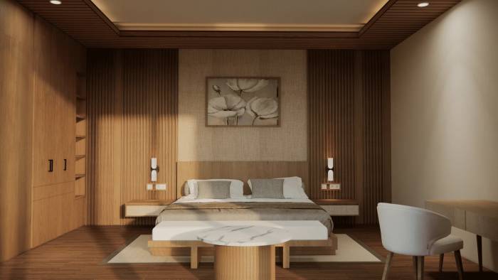 Luxurious bedroom with a large bed, neutral decor, wood paneling, and an elegant floral art piece above the headboard.
