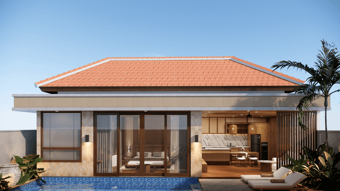 Modern luxury one-bedroom villa with a private pool, sun loungers, and an open-air living space.