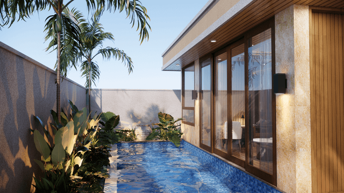 A luxurious one-bedroom villa featuring a private plunge pool, tropical plants, and modern architecture under a clear sky.