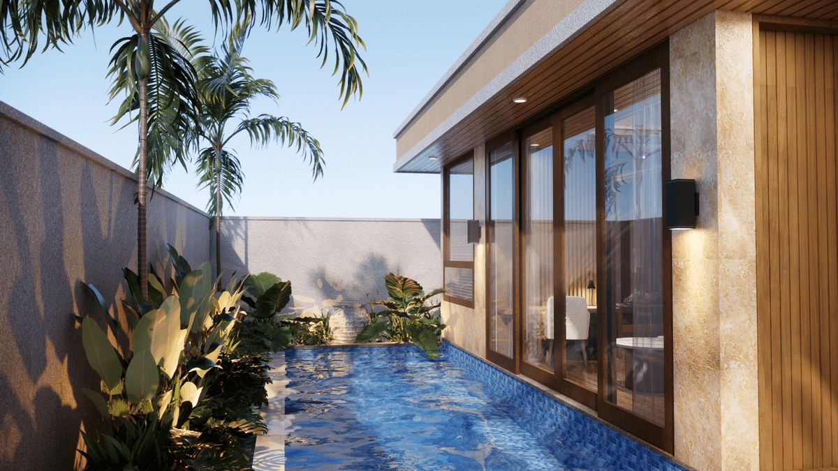 A luxurious one-bedroom villa featuring a private plunge pool, tropical plants, and modern architecture under a clear sky.