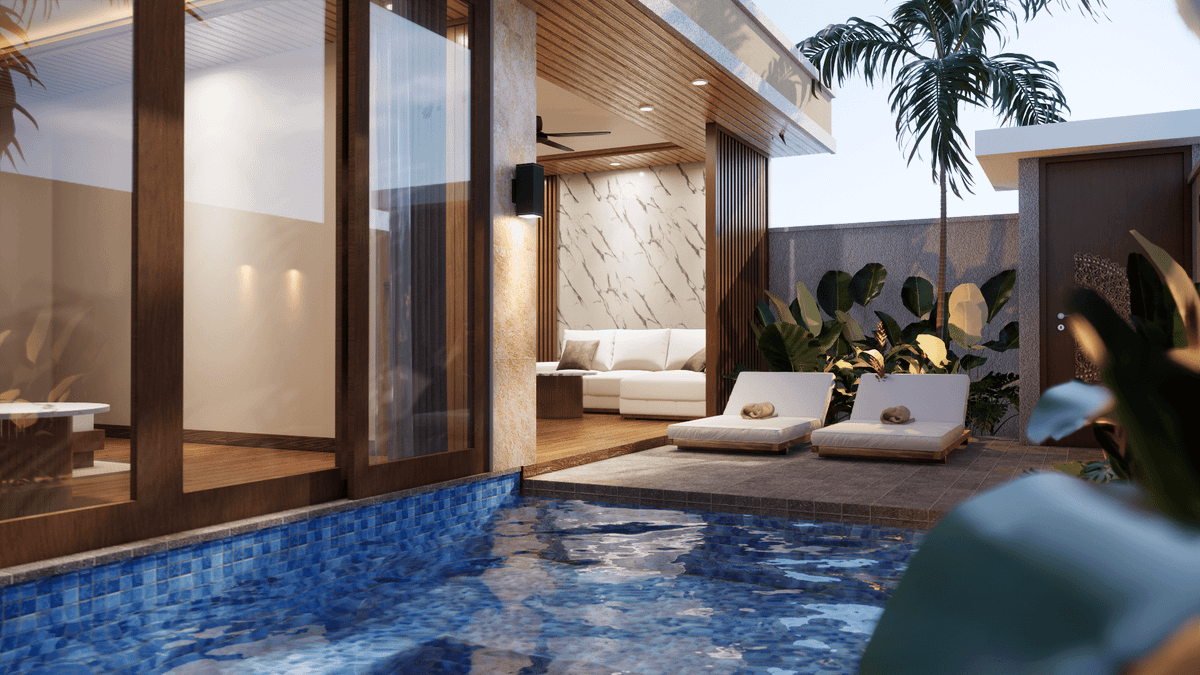 Modern one-bedroom villa with private pool, sun loungers, and lush tropical plants under clear skies.
