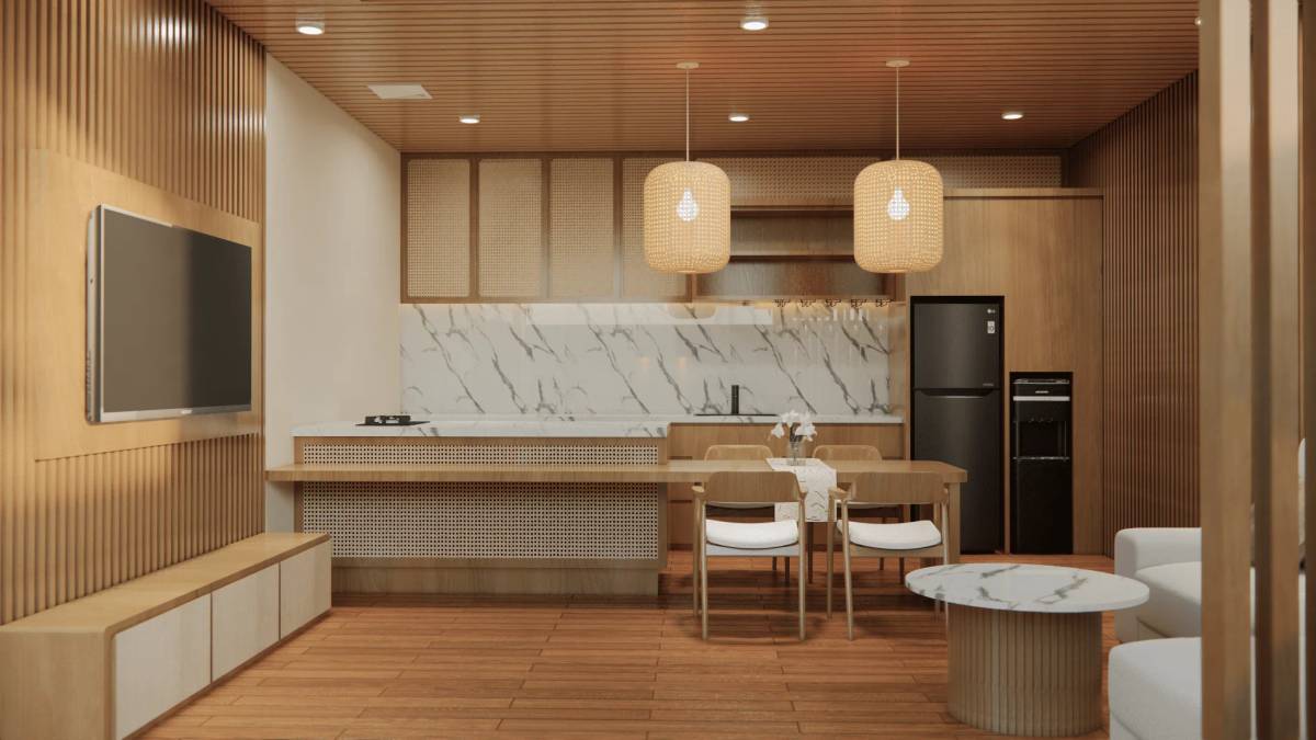A modern villa interior featuring a kitchen with marble backsplash, a dining area, and a living space with warm wood tones.