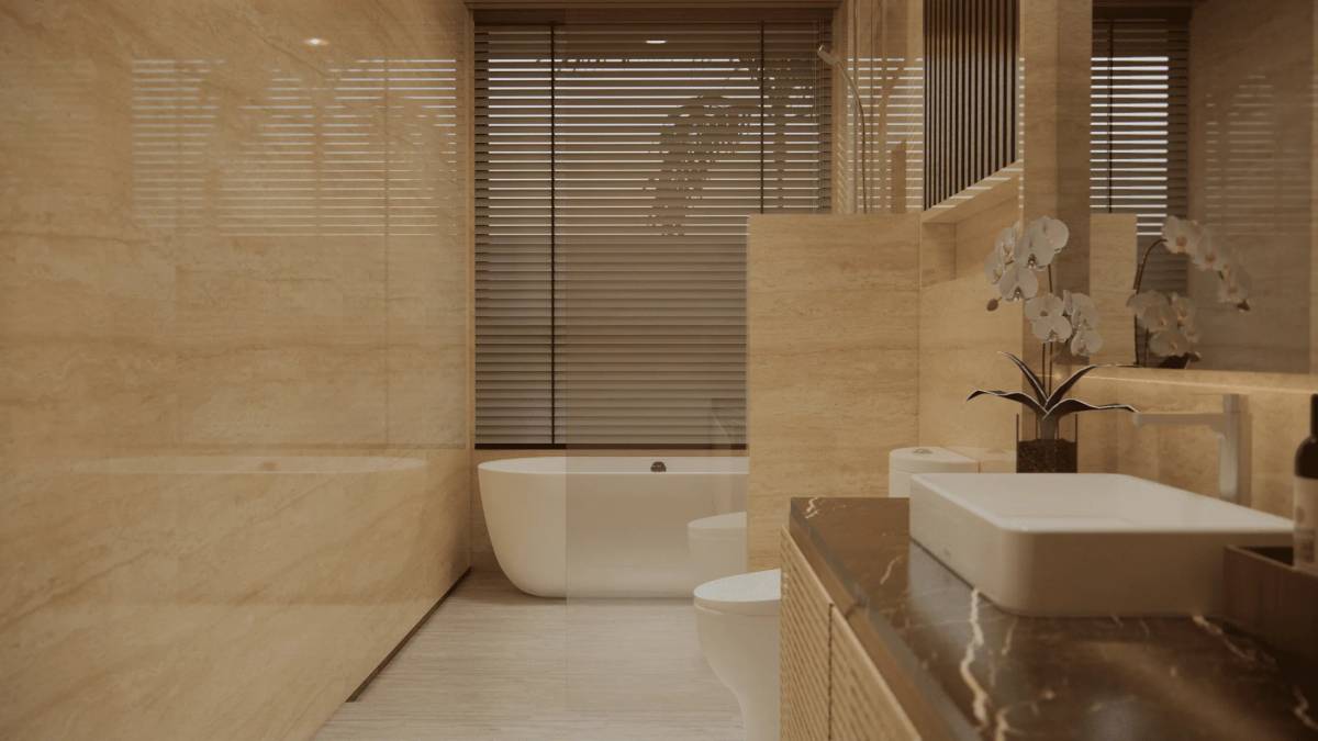A luxurious bathroom with polished marble walls, a freestanding tub, and a modern vanity with orchids.